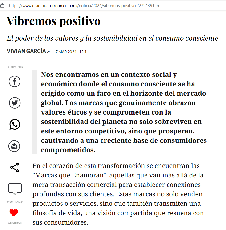 Artículo para Diario Siglo del Torreón (México):El poder de los valores y la sostenibilidad en el consumo consciente. https://marcasqueenamoran.es/premios-en-prensa